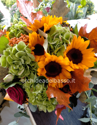 Bouquet girasoli, rose e ortensia